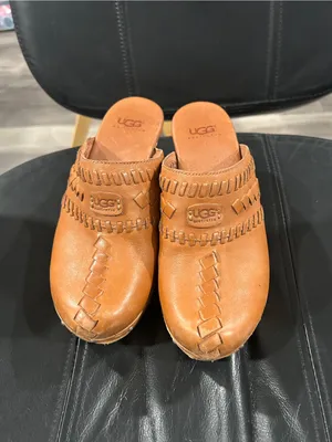 UGG Tan Woven Leather Clog Mules thumbnail 2