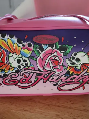 Ed Hardy Pink Shoulder Bag Tattoo Skull Rose Butterfly Rhinestone Barrel Satchel thumbnail 4