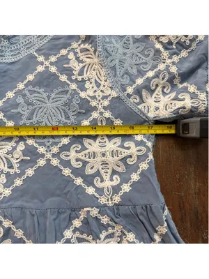 Kindred Boho Embroidered Eyelet Lace Bell Sleeve Top Blue Scalloped Hem Size M thumbnail 9