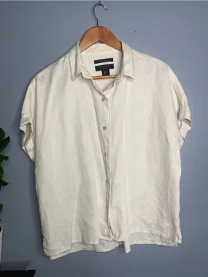 Tahari Cream Short-Sleeve Linen Button-Down Shirt - Medium thumbnail 2