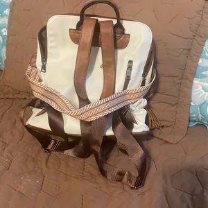 White and Brown Backpack with Textured Material and Multiple Compartments thumbnail 3