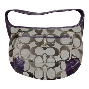 Coach Signature Monogram Purple Leather Trim Hobo Shoulder Bag Handbag Purse thumbnail 6