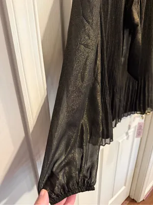 Nanette Lepore Metallic Shimmer Black Gold Pleated Bow Neck Top thumbnail 3