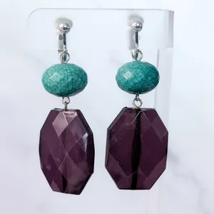 Vintage Clip On Earrings 1.25" Dark Purple & Turquoise Tone Large Chunky Dangle thumbnail 2