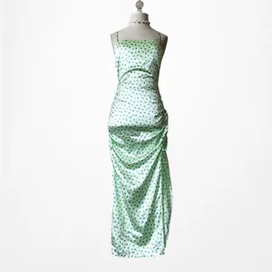 Zara Pastel Green Blue Printed Satin Midi Ruched Side Slit Summer Sundress S thumbnail 4