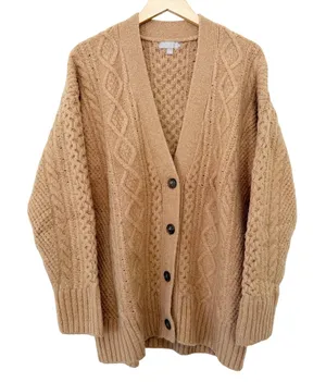 J. Crew Tan Cable Knit Stretch Cardigan Sweater Sz L thumbnail 1