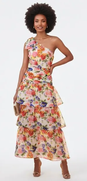 ASTR the Label One Shoulder Tiered Maxi Dress White Coral Floral Small NWT thumbnail 1