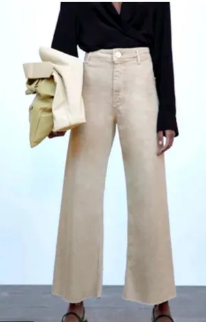 Zara - The Marine Jeans Cream Wide-Leg High Rise Crop with Raw Hem thumbnail 1