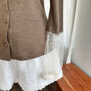 Vintage Y2K Delicate Lace Knit Sweater Sheer Neckline Sleeves Cottage Size Small thumbnail 10
