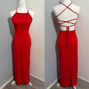 Red High Neck Maxi Dress S Halter Open Back‎ Lace Up Strappy Bodycon Formal Gown thumbnail 2