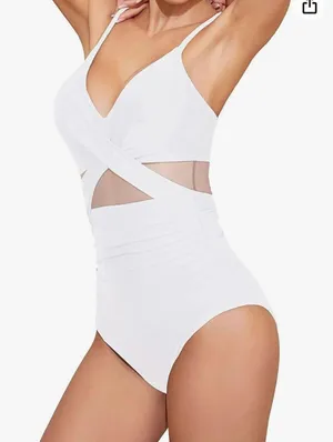 Women One Piece Tummy Control Swimsuits Push Up Bathing Suits Cutout Mesh Front Cross Swimwear thumbnail 3