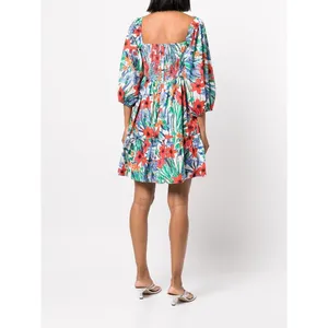 Cara Cara Floral Mini Dress Multi Smocked Puff Sleeve Tiered Cotton M thumbnail 2