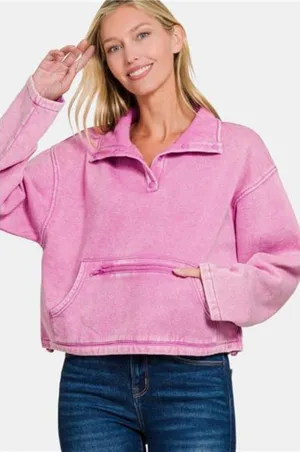 Zenana Acid Wash Fleece Half Snap‎ Sweatshirt with Pocket thumbnail 1