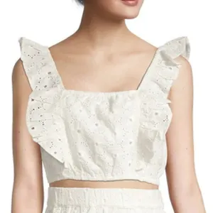 Avec Les Filles White Eyelet Ruffle Crop Top Square Neck Size Small thumbnail 4