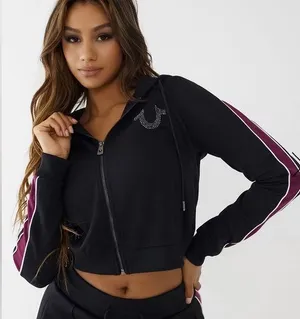 NWT True Religion Crystal Zip Hoodie Size S Black & Maroon thumbnail 1