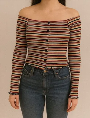 Rue21 Size Small Red and Yellow Striped Off-The-Shoulder Y2k 90s Style Top thumbnail 1