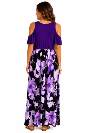 Purple Floral Cold-Shoulder Maxi Dress thumbnail 2
