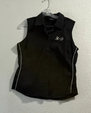 Women's Harley Davidson Sleeveless Button Up Shirt Top Black Motorcycle Biker XL thumbnail 1