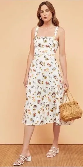 Reformation White Floral Midi Dress with Ruffled Straps thumbnail 1