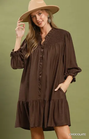 Umgee Smocked Ruffle Detail Tiered Mini Dress - Chocolate - Small thumbnail 1