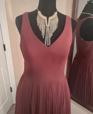 Azazie Sleeveless V-Neck Pleated Maxi Wedding Guest Dress in Burgundy thumbnail 2