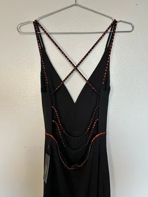 Lulu's Black V-Neck Evening Gown with Subtle Red Trim thumbnail 5