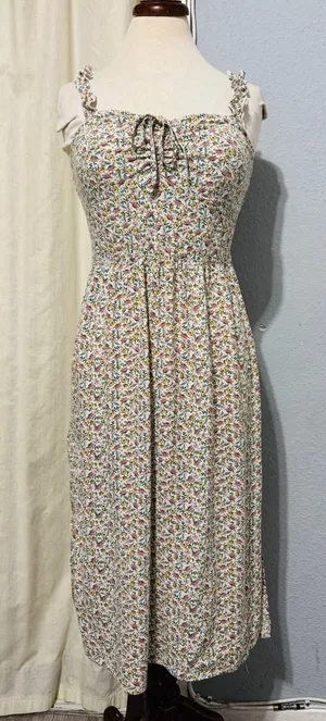 AUW L Green Floral Smocked Tie-Front Ruffle Strap Slit Midi‎ Dress Padded Bra thumbnail 1
