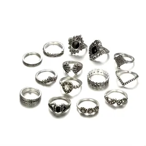 15 pc set Retro Midi Rings Silver and Black thumbnail 6