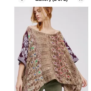 Free People Fressia Pullover Sweater Boho Tunic Mixed Knit Embroidered M/L thumbnail 2