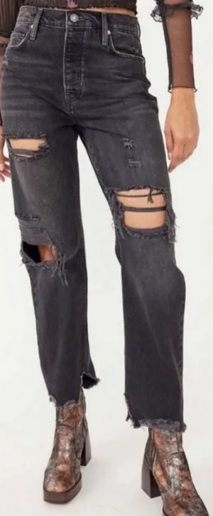 Free People Baggy Tapered Boyfriend Jeans in Obsidian Black thumbnail 1
