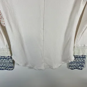 Free People Ivory Combo Henley Thermal Waffle Knit Crochet Cuff Top Large‎ Boho thumbnail 11