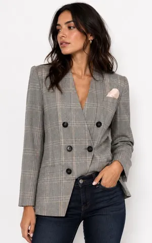 Vintage Worthington Blazer 10P Grey Plaid Double Breasted Collarless V-Neck 90s thumbnail 1