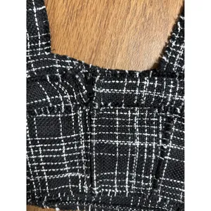 H&M Black White Tweed Plaid Bustier Crop Top Sleeveless Frayed Edges Small‎ y2k thumbnail 2