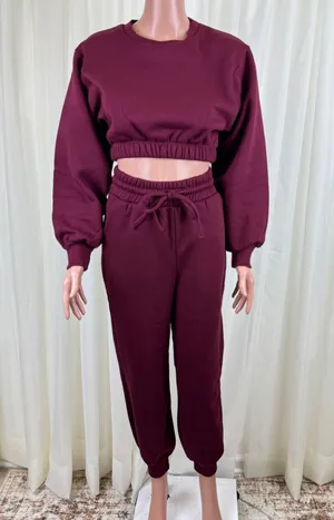 Zenana 2 Pcs Crop Sweatshirt Tracksuit Jogger Pants Set Outfit Active Loungewear LG Burgundy thumbnail 2