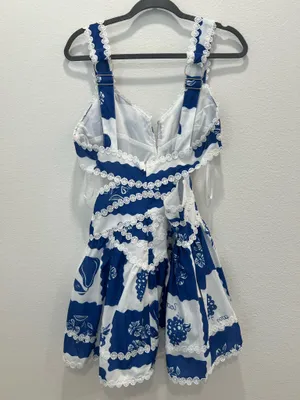 Blue and White Floral Lace Trim Mini Dress by Vintage Shop Size L thumbnail 4