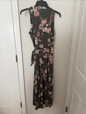 LOFT Black Wrap Dress with Pink Floral Pattern thumbnail 3