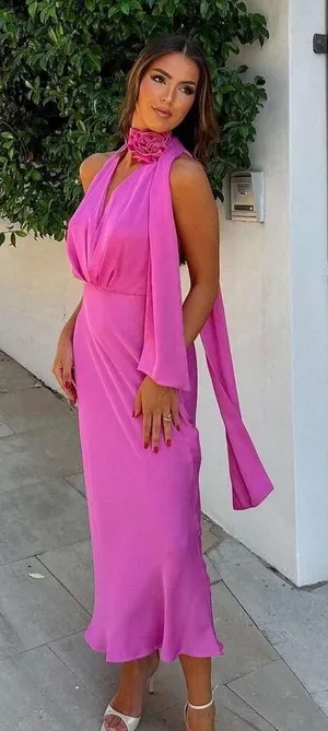 maxi dress pink satin effect floral tie scarf wedding party cocktail thumbnail 1