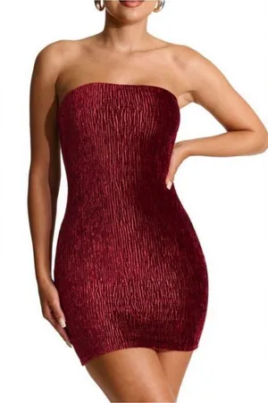 Naked Wardrobe Women's Red Texture‎ Plush Velvet Tube Minidress Size small thumbnail 1