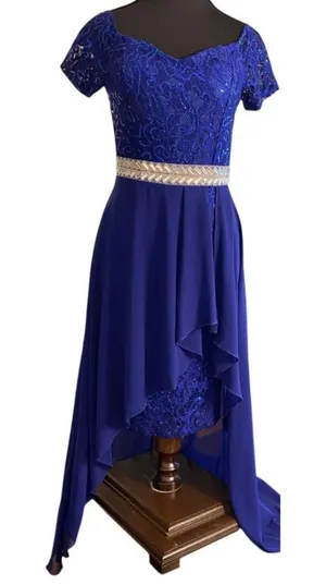 Vintage Y2K Yabes USA Royal Blue Sequin‎ Lace Formal Dress Chiffon (S) Prom Gala thumbnail 1