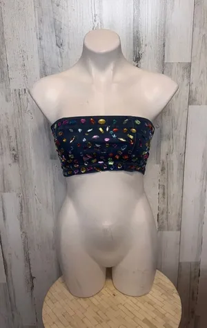 GJG Denim Bejeweled Tube Top Womens Small Multi Color Rhinestone Denim Bandeau thumbnail 1