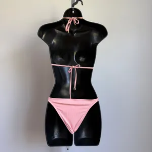 Ribbed Dainty‎ Beachy Pink Triangle Bikini Set Small Summer Swimwear thumbnail 4