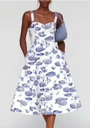 Avec Les Filles Blue & White Seashell Print Midi Dress‎ size 2 nwt thumbnail 1