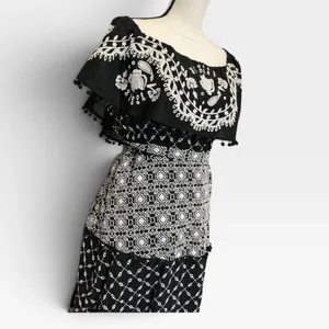 Anthropologie Black Embroidered Cotton Midi Dress Smocked Waist Pom Pom Trim 12 thumbnail 13