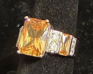Emerald-Cut Yellow Stone Cocktail Ring with Sparkling Accents size 7 thumbnail 1