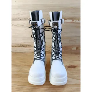 White Platform Knee High Gothic Boots Mesh Straps Studs Lace Up Zip Size 7 US thumbnail 4