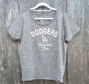 Woman’s New Era CoopersTown Dodgers Gray Striped Tee Dodgers Baseball Club Sz L thumbnail 1