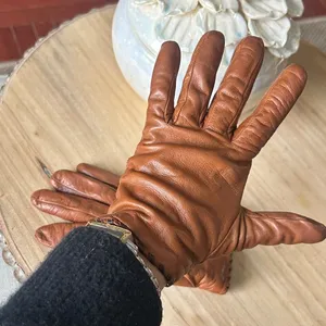 FRYE Vintage Chestnut Brown Leather Gloves Stitched Trimmed Hem thumbnail 1