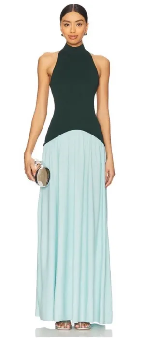 SOLID & STRIPED Soglio Halter Dress in Evergreen & Sky thumbnail 1