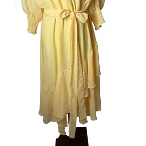 Maison Tara Midi Dress Women 14 Yellow Clip Dot Faux Wrap Puff Sleeve Boho thumbnail 4