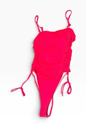 Yonique bright red Ruched One Piece Swimsuit High Cut Side Tie NWT XS thumbnail 1